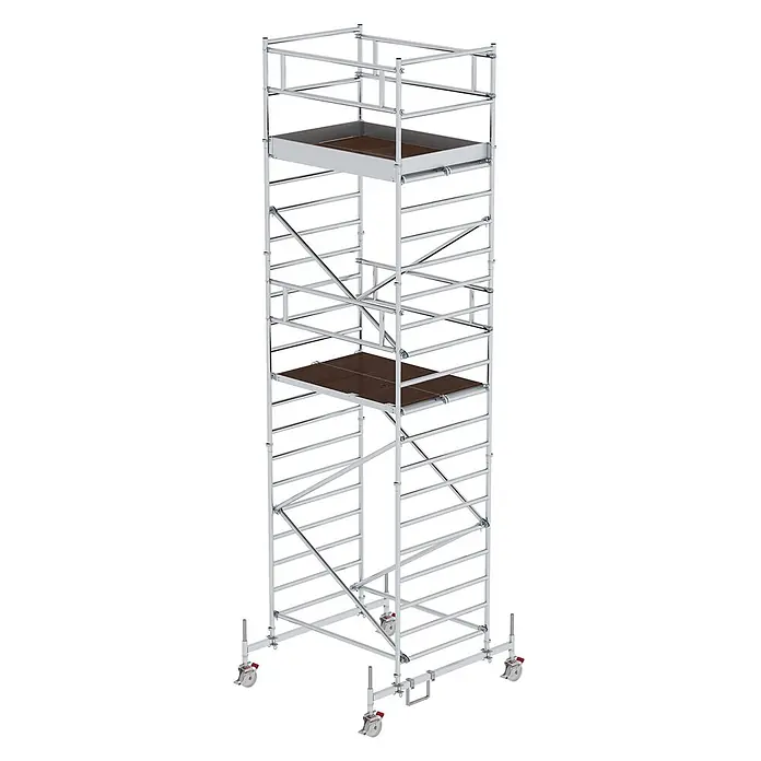 Munk Rollgerüst Rollgerüst mit Doppelplattform 1,35x1,80m Plattform, 7,35m AH - Arbeitshöhe: 7.350 m - Mobiles Gerüst aus silbernem Aluminium mit zwei braunen Plattformen und feststellbaren Rollen für sichere Arbeiten in der Höhe.