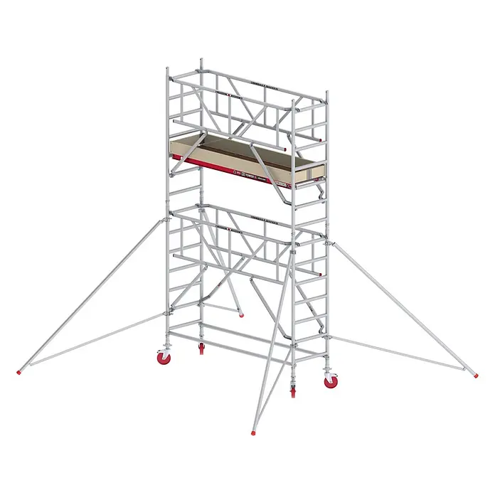 Altrex Rollgerüst Fahrgerüst RS Tower 41-S Aluminium mit Safe-Quick und Holz-Plattform 5,20m - Arbeitshöhe: 5.200 m - Silberfarbenes Aluminium-Rollgerüst mit Holzplattform, roten Akzenten und Auslegern.