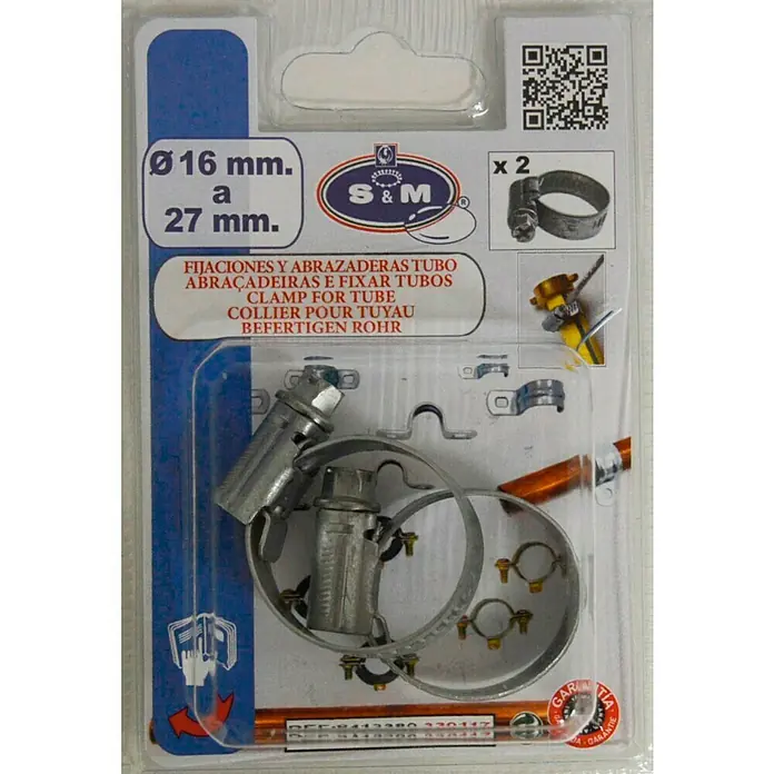 Abrazadera para manguera 9 mm - Alcance de sujeción: 16 mm - 27 mm, 2 ud. - Imagen de un paquete de abrazaderas para tubo, diámetro 16-27 mm, ideal para fijar tubos.