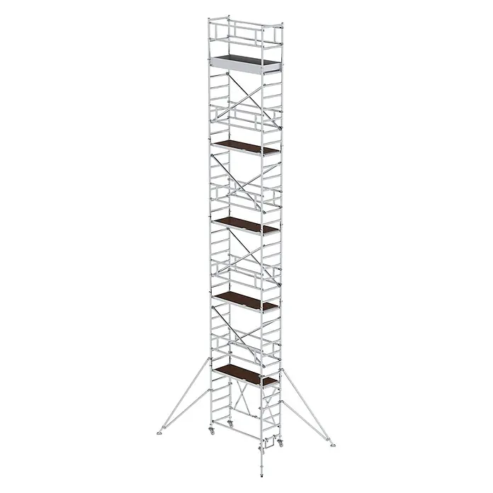 Munk Rollgerüst Klappgerüst 0,75x1,80m Plattform, 11,80m Arbeitshöhe - Arbeitshöhe: 11.800 m - Hohes Aluminium-Rollgerüst mit dunkelbraunen Holzplattformen, ausgestattet mit Auslegern und Rollen.