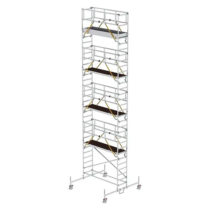 Munk Rollgerüst Rollgerüst SG 0,75x2,45m Plattform 10,58m AH - Arbeitshöhe: 10.580 m - Hohes, mobiles Aluminium-Rollgerüst mit mehreren Holzplattformen und Rollen.