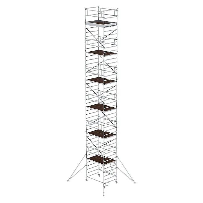 Munk Rollgerüst Klappgerüst 1,35x1,80m Plattform, 13,80m Arbeitshöhe - Arbeitshöhe: 13.800 m - Hoher, silberfarbener Rollgerüstturm mit braunen Holzplattformen und stabilisierenden Auslegern.