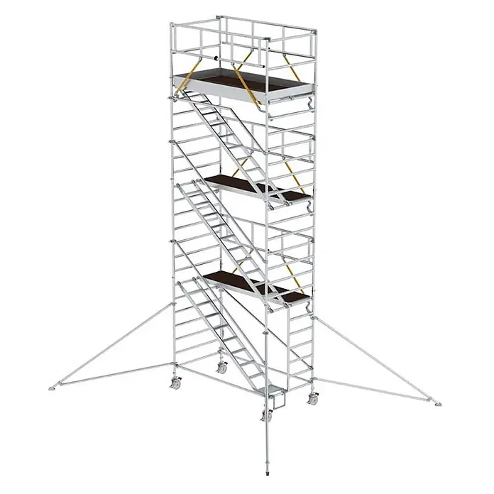 Munk Rollgerüst Rollgerüst SG mit Schrägaufstiegen 1,35x2,45m und Ausleger 8,43m AH - Arbeitshöhe: 8.430 m - Hohes mobiles Aluminium-Rollgerüst mit Innentreppen, mehreren Plattformen, Geländern, Rädern und Stützstreben.