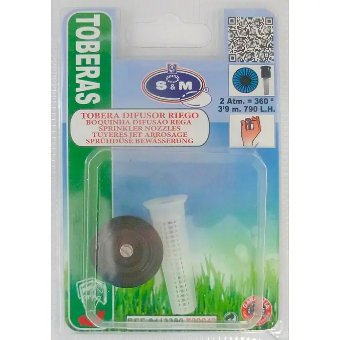 Tobera pulverizadora para difusor 790 l/h - 2 pzs. - Embalaje de una tobera difusora TOBERAS con un filtro blanco y una tobera negra para el riego del jardín.