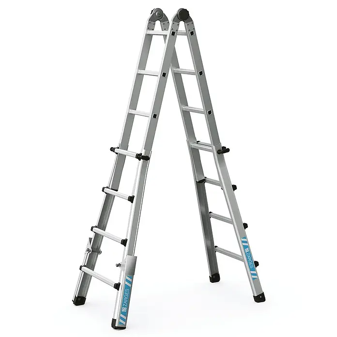 Zarges Teleskopleiter Teleskopleiter Variotec V 4x4 Sprossen - Anzahl Tritte: 4 Stk., Arbeitshöhe: 4.950 m, Aluminium - Silberne Aluminium-Klappleiter in A-Form mit schwarzen Kunststoffakzenten, offen und freistehend dargestellt.