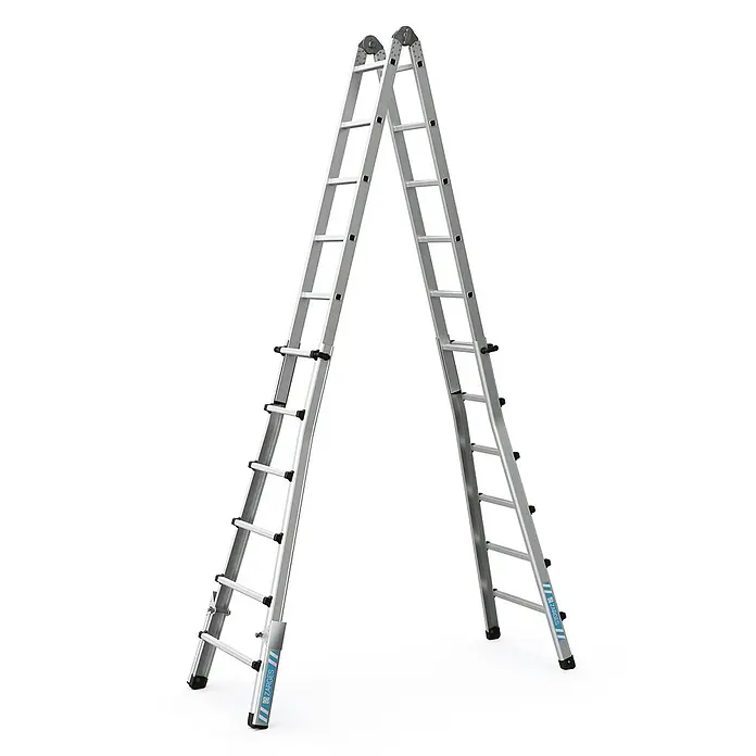 Zarges Teleskopleiter Teleskopleiter Variotec V 4x6 Sprossen - Anzahl Tritte: 6 Stk., Arbeitshöhe: 7.100 m, Aluminium - Silberne Aluminium-Mehrzweckleiter in A-Rahmen-Position.