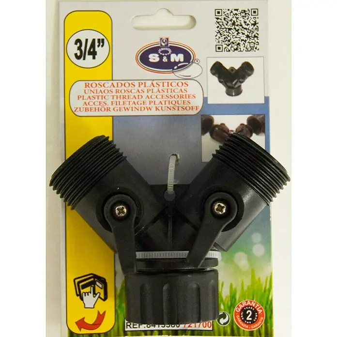Conector en Y para riego - Plástico - Derivación en Y de plástico con rosca de 3/4" para mangueras de jardín y sistemas de riego.