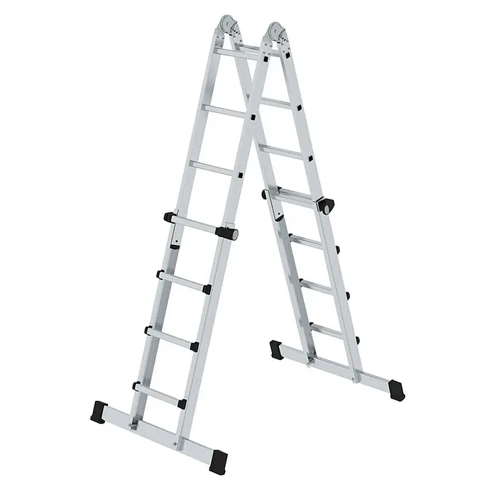 Munk Teleskopleiter Teleskopleiter mit Traverse 4x4 Sprossen - Anzahl Tritte: 4 Stk., Arbeitshöhe: 5.300 m, Aluminium - Klappbare Multifunktionsleiter aus silbernem Aluminium in A-Form, einsatzbereit.