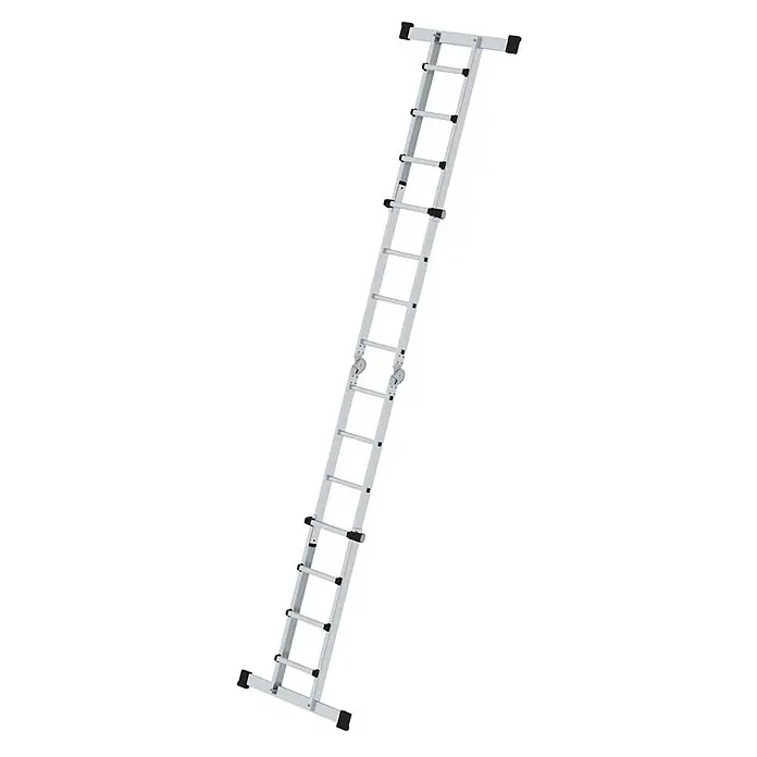 Munk Teleskopleiter Teleskopleiter mit Traverse 4x4 Sprossen - Anzahl Tritte: 4 Stk., Arbeitshöhe: 5.300 m, Aluminium - Silberne Aluminium-Ausziehleiter mit Stabilisatoren und Rollen.