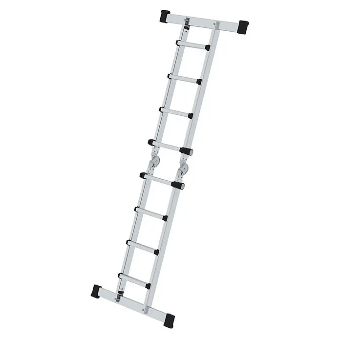 Munk Teleskopleiter Teleskopleiter mit Traverse 4x4 Sprossen - Anzahl Tritte: 4 Stk., Arbeitshöhe: 5.300 m, Aluminium - Silberne Aluminium-Mehrzweckleiter mit schwarzen Anti-Rutsch-Füßen und Gelenkscharnieren.