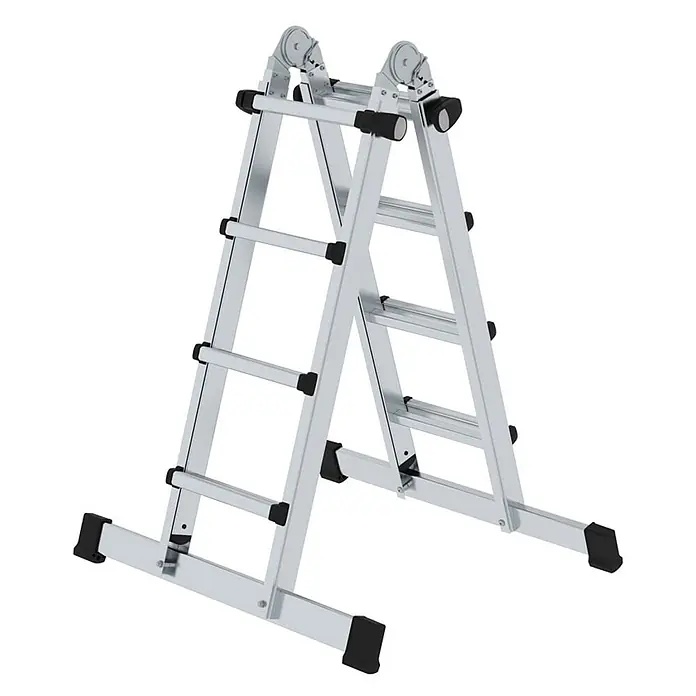 Munk Teleskopleiter Teleskopleiter mit Traverse 4x4 Sprossen - Anzahl Tritte: 4 Stk., Arbeitshöhe: 5.300 m, Aluminium - Silberne Aluminium-Mehrzweck-Klappleiter in A-Form mit schwarzen rutschfesten Füßen.