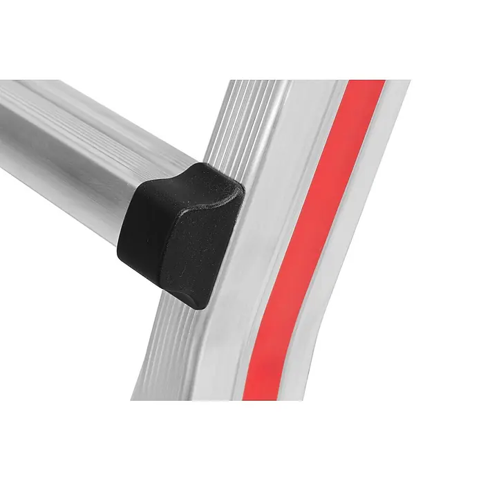 Hymer Teleskopleiter Teleskopleiter Telestep 4x3 Sprossen - Anzahl Tritte: 3 Stk., Arbeitshöhe: 4.100 m, Aluminium - Aluminium-Leiterstufe mit schwarzer Kunststoffverbindung zu einer Holmschiene mit rotem Streifen.