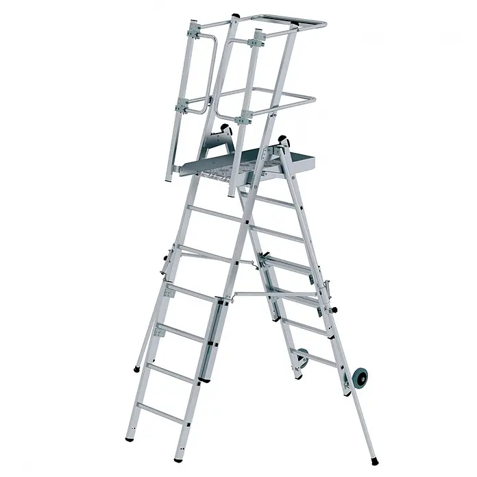 Munk Teleskopleiter Plattformleiter FlexxStep 5 Sprossen mit Teleskopaufsatz plus 2 Sprossen - Anzahl Tritte: 4 Stk., Arbeitshöhe: 3.000 m, Aluminium - Silberne Aluminium-Mehrzweckleiter mit Plattform, Geländer und Rollen.
