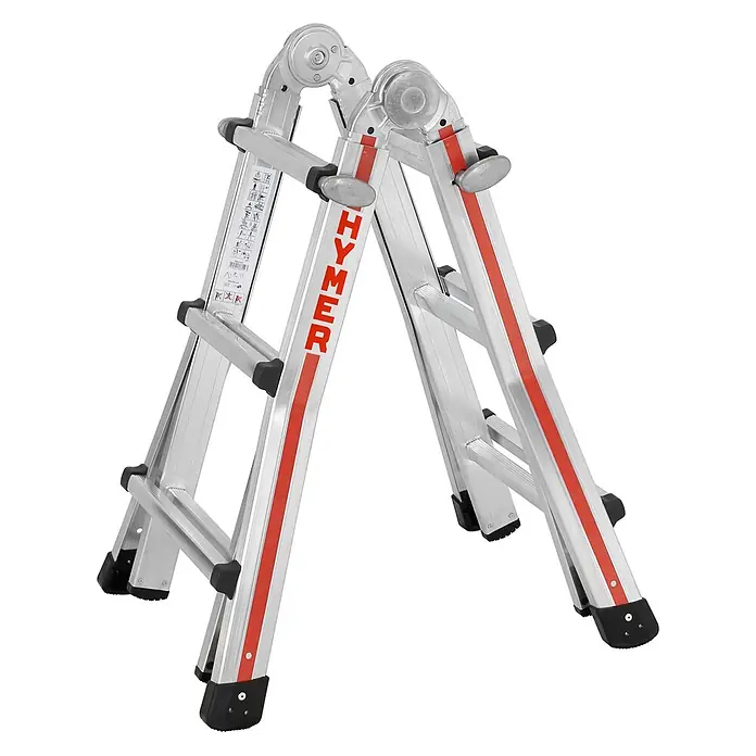 Hymer Teleskopleiter Teleskopleiter Telestep 4x3 Sprossen - Anzahl Tritte: 3 Stk., Arbeitshöhe: 4.100 m, Aluminium - Klappbare Aluminium-Mehrzweckleiter in Silber mit roten Streifen und schwarzen Füßen, in A-Form.