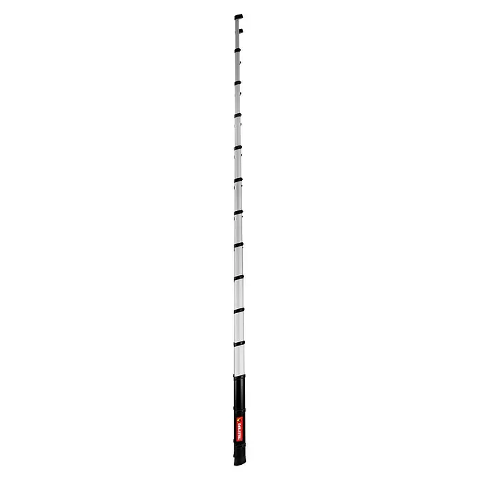Telesteps Teleskopleiter Anlegeleiter Rescue Line Feuerwehr 13 Sprossen 4,1m - Anzahl Tritte: 13 Stk., Arbeitshöhe: 5.000 m, Belastbarkeit: 500 kg, Aluminium - Teleskopierbare silberne Verlängerungsstange mit schwarzen Beschlägen und rotem Bodenetikett.
