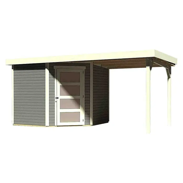 Karibu Gartenhaus Schwandorf 3 - Außenmaß inkl. Dachüberstand (B x T): 467 x 238 cm, Holz, Terragrau, Mit Anbaudach - Moderne Gartenlaube mit grauem Holzschuppen und überdachtem Bereich, ideal für stilvolle Gartengestaltung und praktischen Stauraum im Außenbereich.