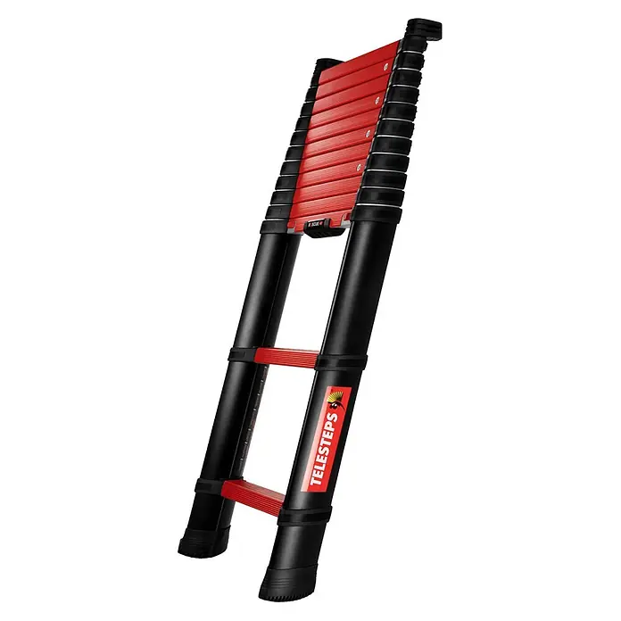 Telesteps Teleskopleiter Anlegeleiter Rescue Line Feuerwehr 13 Sprossen 4,1m - Anzahl Tritte: 13 Stk., Arbeitshöhe: 5.000 m, Belastbarkeit: 500 kg, Aluminium - Rot-schwarze Teleskopleiter, kompakt und eingefahren dargestellt.