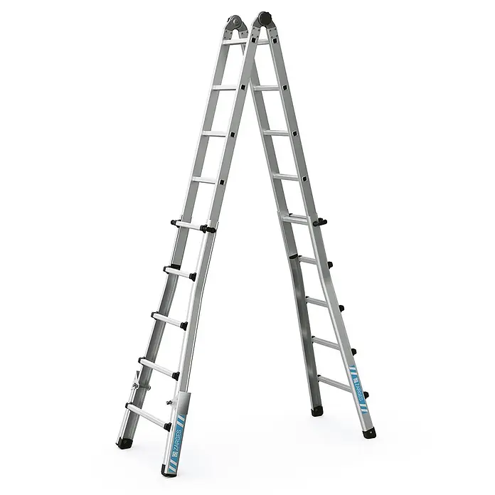 Zarges Teleskopleiter Teleskopleiter Variotec V 4x5 Sprossen - Anzahl Tritte: 5 Stk., Arbeitshöhe: 6.050 m, Aluminium - Silberne Aluminium-Mehrzweckleiter in A-Rahmen-Konfiguration.