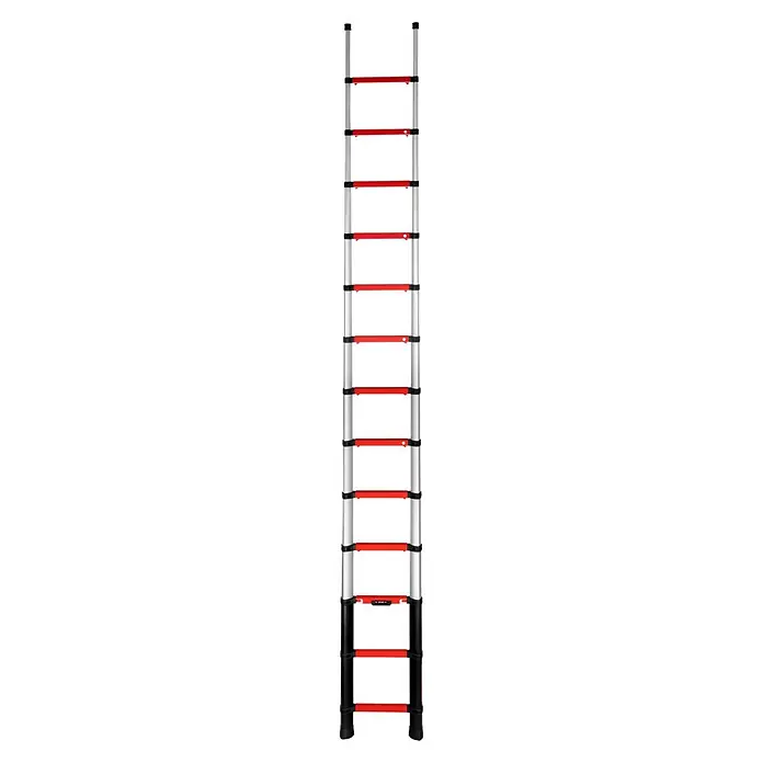 Telesteps Teleskopleiter Anlegeleiter Rescue Line Feuerwehr 13 Sprossen 4,1m - Anzahl Tritte: 13 Stk., Arbeitshöhe: 5.000 m, Belastbarkeit: 500 kg, Aluminium - Silberne Teleskopleiter mit roten Sprossen, voll ausgefahren.