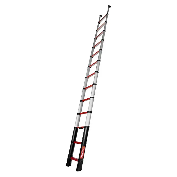 Telesteps Teleskopleiter Anlegeleiter Rescue Line Feuerwehr 13 Sprossen 4,1m - Anzahl Tritte: 13 Stk., Arbeitshöhe: 5.000 m, Belastbarkeit: 500 kg, Aluminium - Ausgefahrene silberne Aluminium-Teleskopleiter mit roten Sprossen und schwarzen Akzenten.