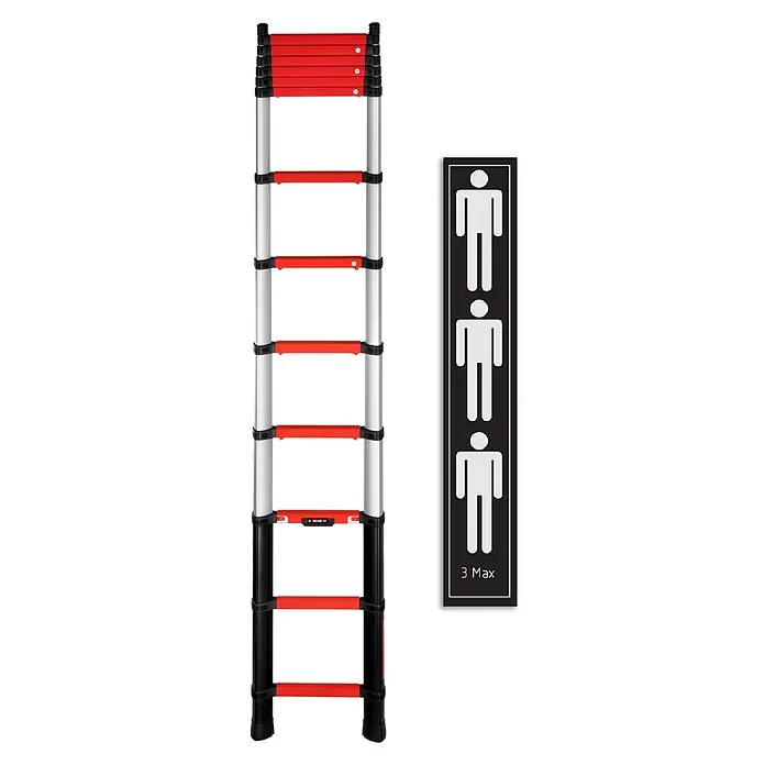 Telesteps Teleskopleiter Anlegeleiter Rescue Line Feuerwehr 13 Sprossen 4,1m - Anzahl Tritte: 13 Stk., Arbeitshöhe: 5.000 m, Belastbarkeit: 500 kg, Aluminium - Rote und silberne Teleskopleiter, teilweise ausgefahren, mit einem Symbol für maximal 3 Benutzer.