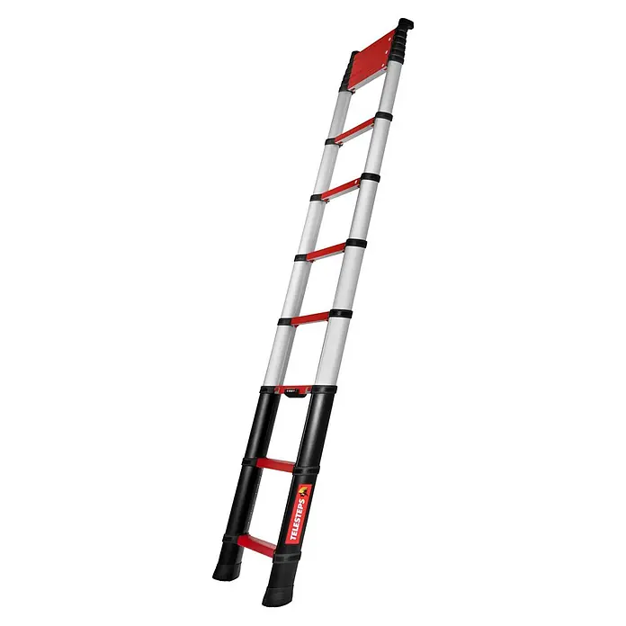 Telesteps Teleskopleiter Anlegeleiter Rescue Line Feuerwehr 13 Sprossen 4,1m - Anzahl Tritte: 13 Stk., Arbeitshöhe: 5.000 m, Belastbarkeit: 500 kg, Aluminium - Eine ausgefahrene silberne und schwarze Teleskopleiter mit roten Sprossen und einem 'TELESTEPS'-Logo.