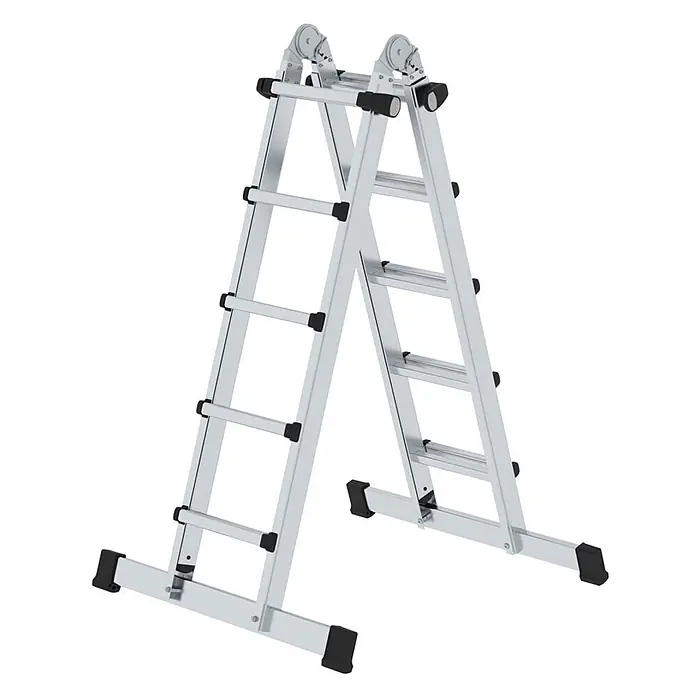 Munk Teleskopleiter Teleskopleiter mit Traverse 4x5 Sprossen - Anzahl Tritte: 5 Stk., Arbeitshöhe: 6.400 m, Aluminium - Aluminium-Mehrzweckleiter in A-Form mit schwarzen Anti-Rutsch-Füßen und Gelenken.