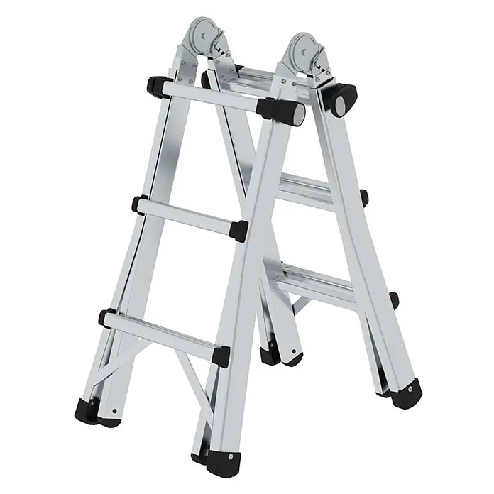 Munk Teleskopleiter Gelenk-Teleskopleiter 4x3 Sprossen - Anzahl Tritte: 3 Stk., Arbeitshöhe: 4.200 m, Aluminium - Silberne Aluminium-Mehrzweckleiter mit verstellbaren Gelenken, als Stehleiter aufgestellt.