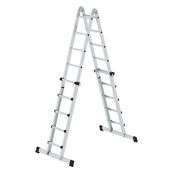 Munk Teleskopleiter Teleskopleiter mit Traverse 4x5 Sprossen - Anzahl Tritte: 5 Stk., Arbeitshöhe: 6.400 m, Aluminium - Silberfarbene, klappbare Mehrzweckleiter in A-Form.