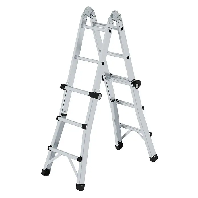 Munk Teleskopleiter Gelenk-Teleskopleiter 4x3 Sprossen - Anzahl Tritte: 3 Stk., Arbeitshöhe: 4.200 m, Aluminium - Silberne Aluminium-Mehrzweckleiter in A-Form.