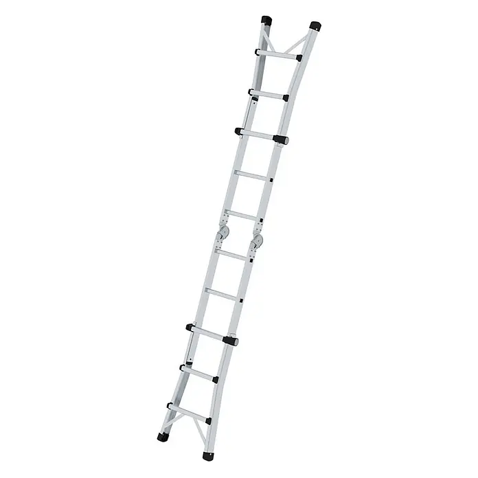 Munk Teleskopleiter Gelenk-Teleskopleiter 4x3 Sprossen - Anzahl Tritte: 3 Stk., Arbeitshöhe: 4.200 m, Aluminium - Verstellbare Mehrzweckleiter aus silbernem Aluminium mit schwarzen Gelenken und rutschfesten Füßen.