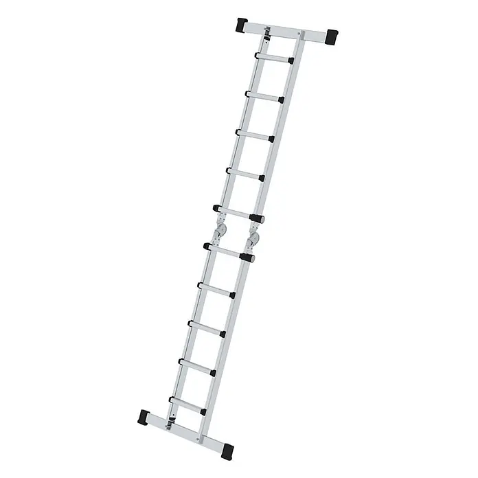 Munk Teleskopleiter Teleskopleiter mit Traverse 4x5 Sprossen - Anzahl Tritte: 5 Stk., Arbeitshöhe: 6.400 m, Aluminium - Silberne klappbare Aluminium-Dachbodenleiter mit schwarzen Gummifüßen.