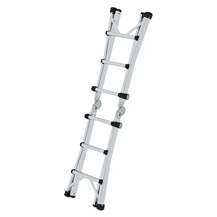 Munk Teleskopleiter Gelenk-Teleskopleiter 4x3 Sprossen - Anzahl Tritte: 3 Stk., Arbeitshöhe: 4.200 m, Aluminium - Silberne Mehrzweck-Gelenkleiter mit schwarzen Anti-Rutsch-Füßen und Scharnieren, vielseitig einsetzbar.