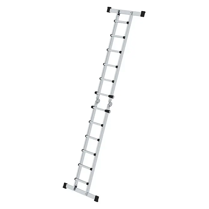 Munk Teleskopleiter Teleskopleiter mit Traverse 4x6 Sprossen - Anzahl Tritte: 6 Stk., Arbeitshöhe: 7.500 m, Aluminium - Silberne Aluminium-Gelenkleiter mit schwarzen Schutzkappen und rutschfesten Füßen.