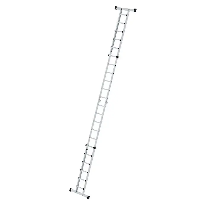 Munk Teleskopleiter Teleskopleiter mit Traverse 4x6 Sprossen - Anzahl Tritte: 6 Stk., Arbeitshöhe: 7.500 m, Aluminium - Silberne Aluminium-Ausziehleiter mit schwarzen rutschfesten Elementen.