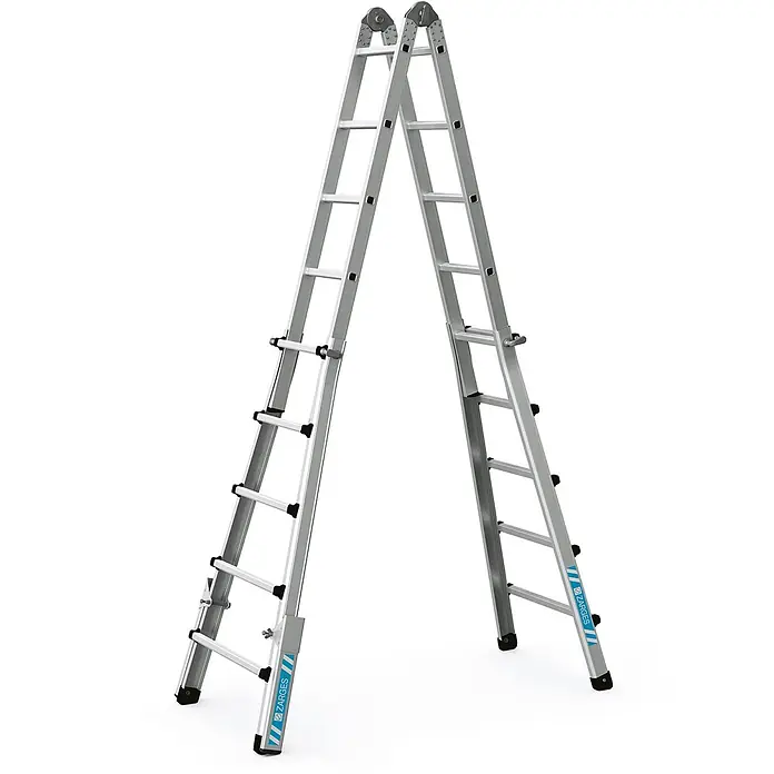 Zarges Teleskopleiter Teleskop-Mehrzweckleiter Variomax V 4x5 Sprossen - Anzahl Tritte: 5 Stk., Arbeitshöhe: 6.050 m, Aluminium - Silberne Gelenkleiter aus Aluminium in A-Form aufgestellt.