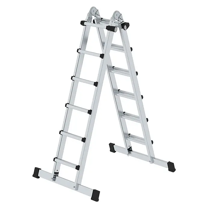 Munk Teleskopleiter Teleskopleiter mit Traverse 4x6 Sprossen - Anzahl Tritte: 6 Stk., Arbeitshöhe: 7.500 m, Aluminium - Silberne Aluminium-Mehrzweckleiter in A-Form, mit schwarzen Antirutschfüßen und verstellbaren Gelenken.