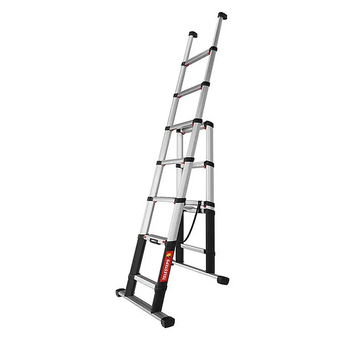 Iller Leiter Teleskopleiter Teleskop Telesteps Combi Line eloxiert und mit hochwertigem Dreikant-Holmpr - Arbeitshöhe: 3.100 m - Silberne Teleskop-Doppelleiter mit schwarzen und roten Akzenten.