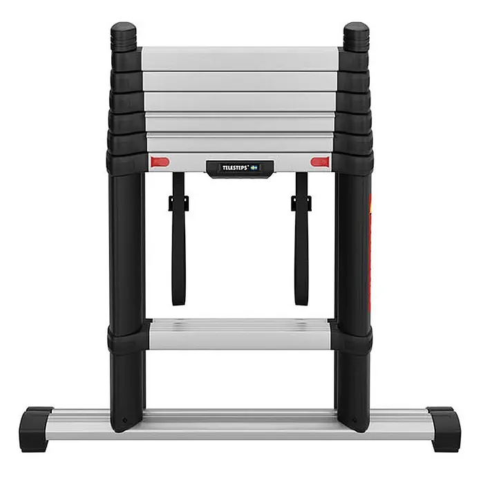 Iller Leiter Teleskopleiter Teleskop Telesteps Combi Line eloxiert und mit hochwertigem Dreikant-Holmpr - Arbeitshöhe: 3.100 m - Kompakte schwarz-silberne Aluminium-Teleskopleiter, zusammengeklappt dargestellt.