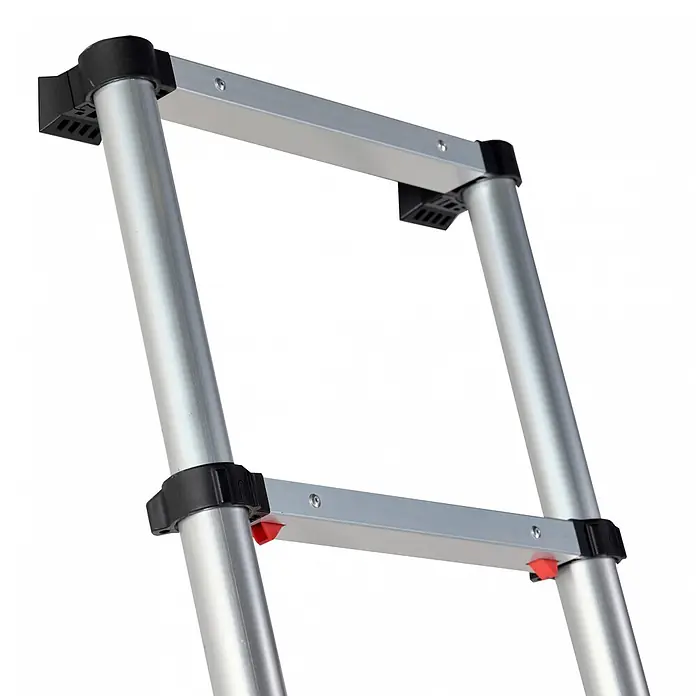 Altrex Teleskopleiter Teleskopleiter Smart Up Go 11 Sprossen - Anzahl Tritte: 11 Stk., Arbeitshöhe: 4.200 m, Aluminium - Silbernes Aluminium-Teleskopleitersegment mit schwarzen Kunststoffverbindern und roten Entriegelungstasten.