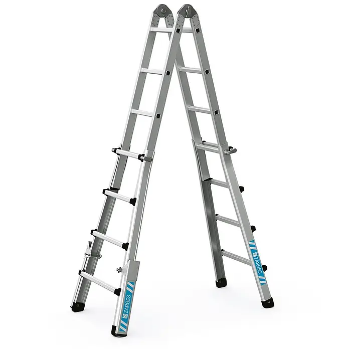 Zarges Teleskopleiter Teleskop-Mehrzweckleiter Variomax V 4x4 Sprossen - Anzahl Tritte: 4 Stk., Arbeitshöhe: 5.000 m, Aluminium - Silberne Aluminium-Mehrzweckleiter in A-Form, mit schwarzen Füßen und Sprossenkappen.