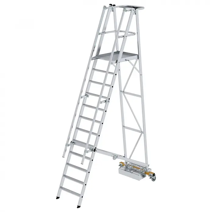 Munk Treppenpodest Podestleiter fahrbar mit schmaler Traverse 12 Stufen - Anzahl Tritte: 12 Stk., Arbeitshöhe: 4.800 m, Aluminium - Silberfarbene, mobile Arbeitsplattform aus Aluminium mit stabiler Leiter, oberer Plattform, Sicherheitsgeländer und Rollen zur einfachen Umstellung.
