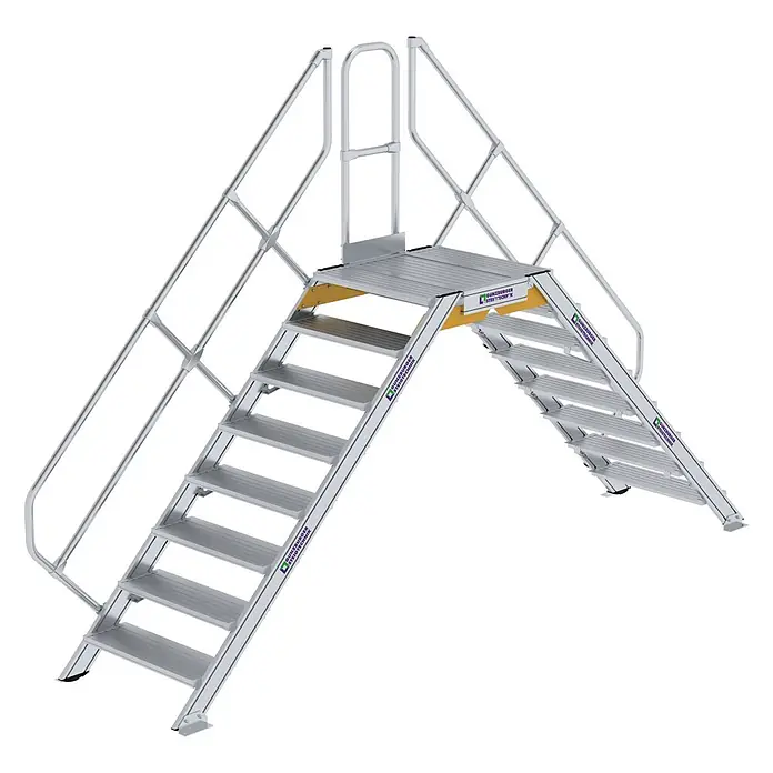 Munk Treppenpodest Überstieg 45° inkl. einen Handlauf, Stufenbreite 800mm, 2x8 Stufen -  - Aluminium-Übersteigplattform mit beidseitigen Treppen und Handläufen für sicheres Überqueren.