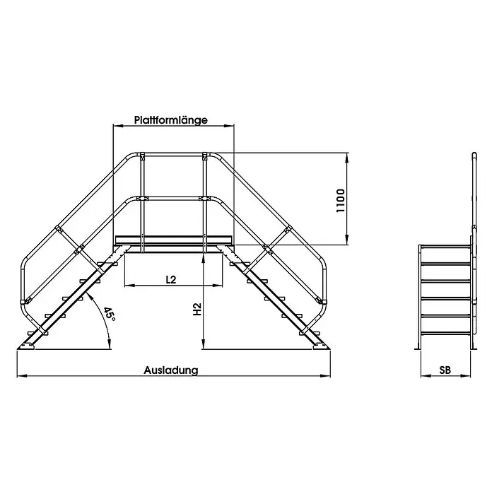 Munk Treppenpodest Überstieg 45° inkl. einen Handlauf, Stufenbreite 800mm, 2x3 Stufen -  - Technische Zeichnung einer zweiseitigen Industrie-Zugangsplattform mit Stufen, zentraler Plattform und Handläufen. Verschiedene Maße sind angegeben.