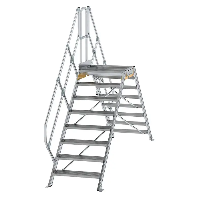 Munk Treppenpodest Überstieg 45° inkl. einen Handlauf, Stufenbreite 800mm, 2x8 Stufen -  - Silberne Aluminium-Doppelseitige Zugangs-Plattform mit Stufen und Geländern.