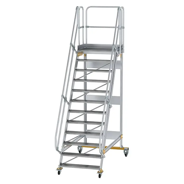 Munk Treppenpodest Plattformtreppe fahrbar 60° Stufenbreite 1000mm 12 Stufen - Anzahl Tritte: 12 Stk., Aluminium - Mobile Arbeitsbühne aus silbernem Aluminium mit Handläufen und Rollen.