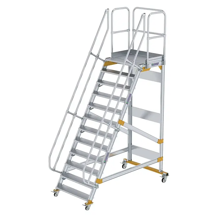 Munk Treppenpodest Plattformtreppe fahrbar 60° Stufenbreite 1000mm 12 Stufen - Anzahl Tritte: 12 Stk., Aluminium - Mobile Aluminium-Arbeitsplattform mit Treppe, Geländern und einer geräumigen oberen Plattform, mit gelben Akzenten und Rollen zur einfachen Bewegung.
