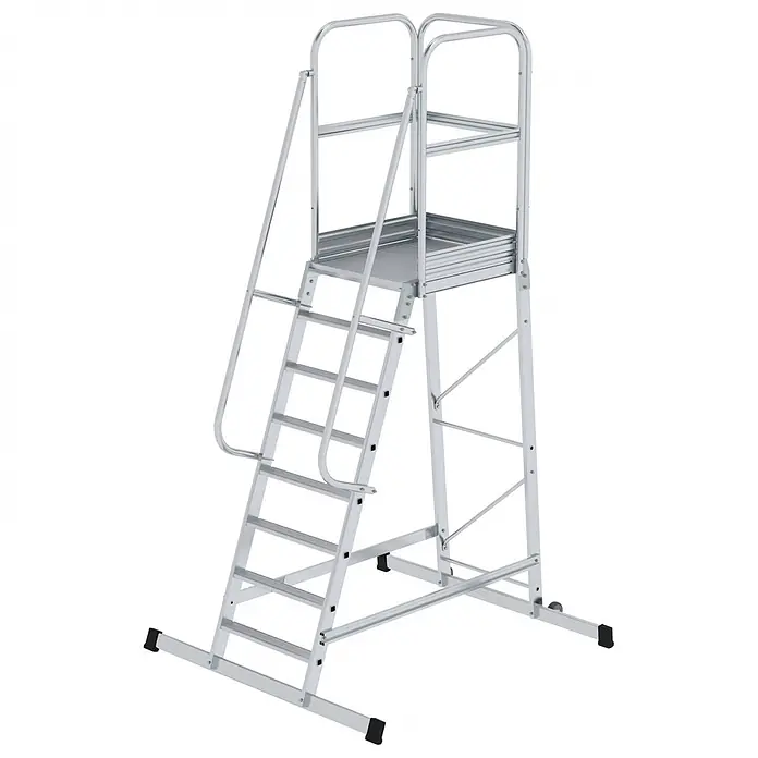 Munk Treppenpodest Podesttreppe einseitig begehbar fahrbar 8 Stufen - Anzahl Tritte: 8 Stk., Aluminium - Silberfarbene mobile Aluminium-Arbeitsplattform mit Stufen, Handläufen und oberer Plattform.