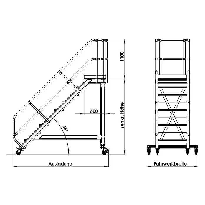 Munk Treppenpodest Plattformtreppe fahrbar 45° Stufenbreite 600mm 5 Stufen - Anzahl Tritte: 5 Stk., Aluminium - Technische Zeichnung einer mobilen Arbeitsbühne mit Treppe, Geländer und Rollen.
