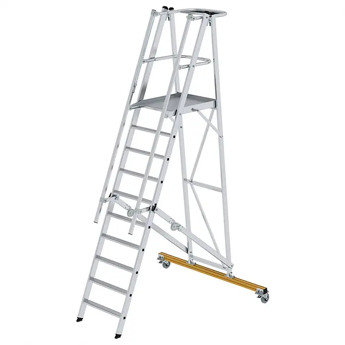 Munk Treppenpodest Podestleiter klappbar 10 Stufen - Anzahl Tritte: 10 Stk., Arbeitshöhe: 4.300 m, Aluminium - Silberne Aluminium-Arbeitsplattformleiter mit gelbem Standfuß und Rollen für Mobilität.